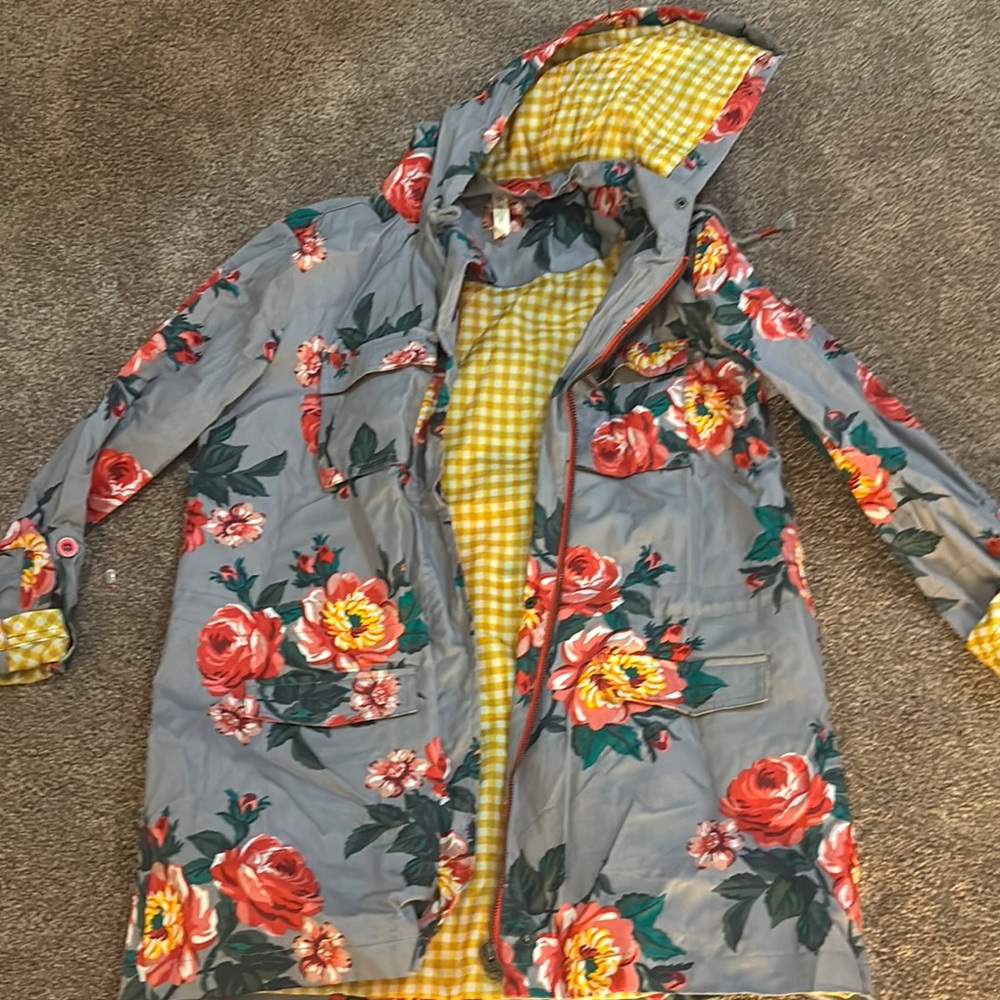Matilda Jane Gray and Red Rain Jacket with Floral Design
